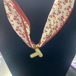 Floral Scarf Necklace with Gold Pendant